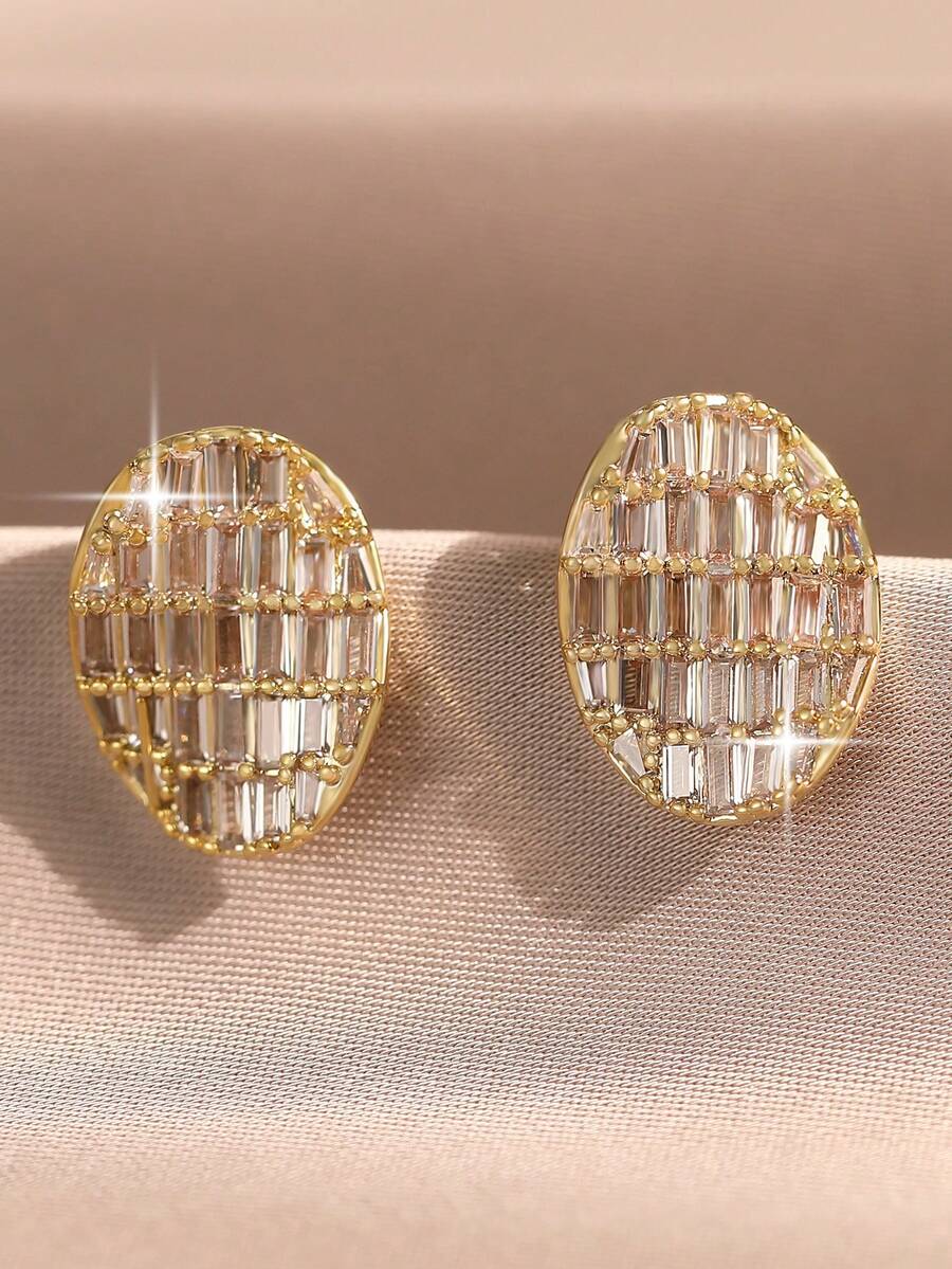1pair Glamorous Oval Cubic Zirconia Stud Earrings,Geometric Jewelry Accessory For Daily Wear,Holidays Gifts,Aesthetic - Yellow Gold - View 1