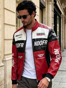 New Fashion Motorcycle Leather Jacket For Boyfriend Style Men, Contrast Color Sporty Oversized Biker Jacket,Fleece,Winter Sports Red - Red - View 1