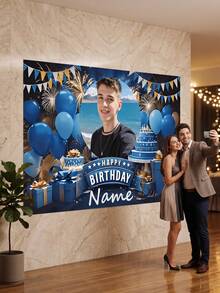 1pc - Customized Birthday Celebration Backdrop, Customized Blue & Gold Theme Printed Poster - Personalized Gold & Colorful Confetti And Star Decoration, Suitable For Celebration Party, Birthday Gathering, Home Decor Background, Customizable Anniversary, Personalized Birthday Party, Customized Photo And Name Poster - Multicolor - View 4