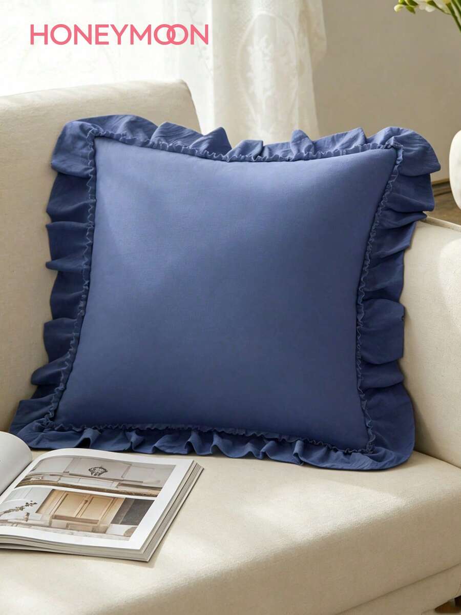 1pc Romantic French Style Ruffle Quilted Envelope Pillowcase (Pillow Insert Not Included), Fashionable Decorative Throw Pillow Cover For Bedroom/Dorm/Sofa/Bench, Gift For Loved Ones And Friends, Machine Washable - Royal Blue - View 1