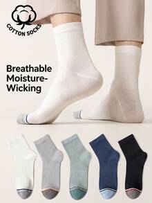 5 Pairs Cotton Men Contrast Striped Toe Crew Socks, Soft Mesh Vent Breathable Moisture‑Wicking Mid‑Calf Socks, Ribbed Knit Casual Daily Sports Socks - Multicolor - View 1