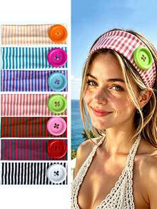 1pc/4pcs Women's Sweet Cool Style Contrast Color Striped Headband, Fashion Elastic Large Button Headband, Niche Sports Outdoor Versatile Headband Hair Accessory - Multicolor - View 1