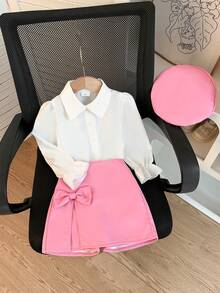 Girls Spring/Autumn Lady Vacation Style 3-Piece Set, Puff Sleeve Collared White Shirt With Bow Tie Slit Skort, Matching Beret Included, Sweet Korean Style, Ideal For Daily Outings And Party Wear - White - View 2