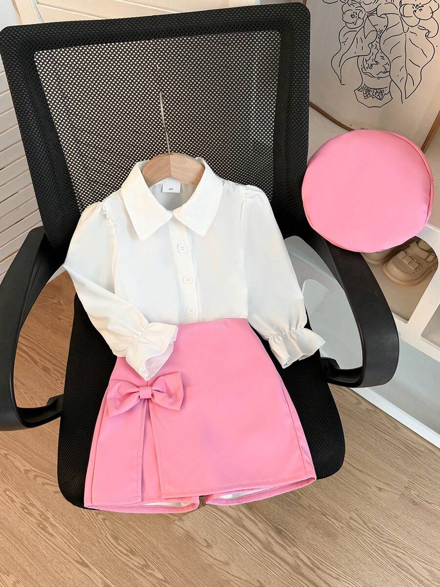 Girls Spring/Autumn Lady Vacation Style 3-Piece Set, Puff Sleeve Collared White Shirt With Bow Tie Slit Skort, Matching Beret Included, Sweet Korean Style, Ideal For Daily Outings And Party Wear - White - View 1