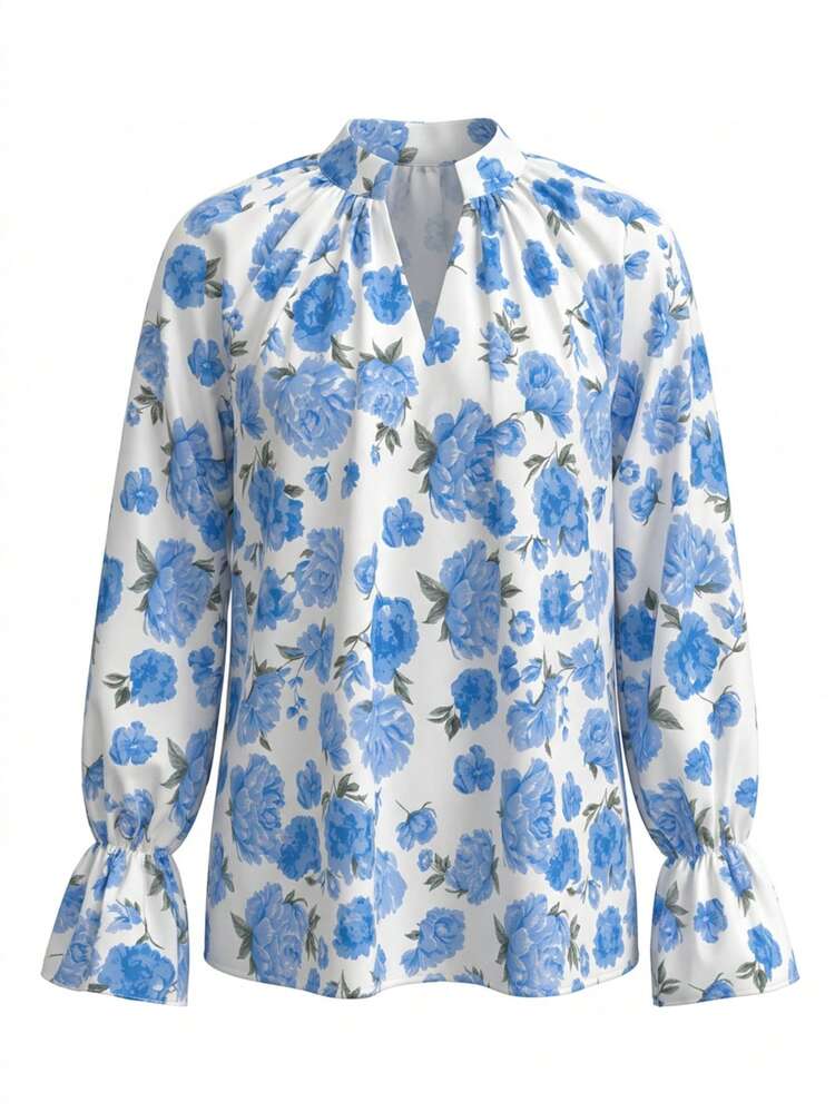 Elegant Women's Blue Floral Pattern Blouse, Regular Length Flounce Sleeve Top, And Sweetheart Neck For Spring Style - Blue and White - View 5