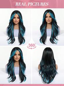 Topshe Ava WIGS 24英吋紅色挑染長波浪假髮，附簾幕瀏海，免膠水耐熱合成髮絲，無蕾絲，女款黑紅混色長波浪假髮，適合日常配戴、派對、Cosplay，多色假髮，女性完美萬聖節禮物 - 藍色 - 查看 10