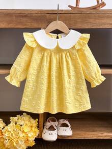 Gaun Jacquard Bunga 3D Kuning Gaya Putri untuk Bayi Perempuan, Gaun Lengan Panjang Kerah Berkerut Warna Kontras Manis Gaya Prancis, Musim Gugur/Semi - Kuning - View 2