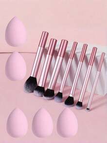 Professional Makeup Brush Set, Includes Aluminum Tube Makeup Brushes + Large Makeup Sponge + Powder Puff, Powder Brush, Foundation Brush, Contour Brush - Baby Pink - View 9