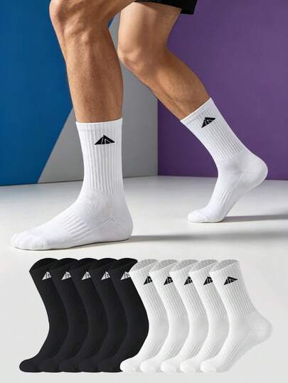 1/5/10/20 Pairs Men's Mid-Calf Socks, Minimalist Black & White Casual Home Socks, Daily Outdoor Sports Fitness Socks