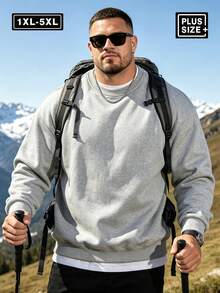 Plus Size Men's Minimalist Crew Neck Sweatshirt, Versatile Casual Top, Streetwear Layering Essential, Autumn/Winter Sports - Light Grey - View 1