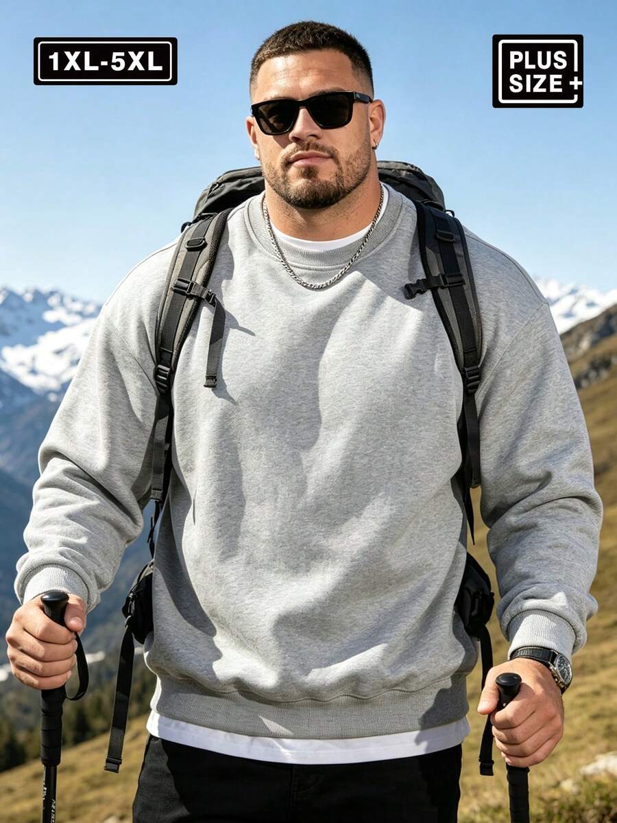 Plus Size Men's Minimalist Crew Neck Sweatshirt, Versatile Casual Top, Streetwear Layering Essential, Autumn/Winter Sports - Light Grey - View 1