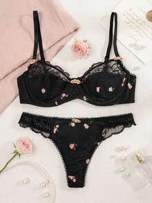 DAZY 1set Women's Black Floral Lace Trim Bra Set, Lingerie - Black - View 2