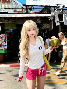 Y2K Minimalist Heart & Letter Print Design Inner Top, Autumn American Sweet Fitted Shoulder Long Sleeve T-Shirt For Women - White - View 1