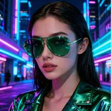 Unisex Oversized Double Bridge Glasses, Retro Panda Eye Shape Frame, Fashionable And Versatile Unisex Glasses, Suitable For Cycling, Street Style, Pho - Gold and Green - View 6