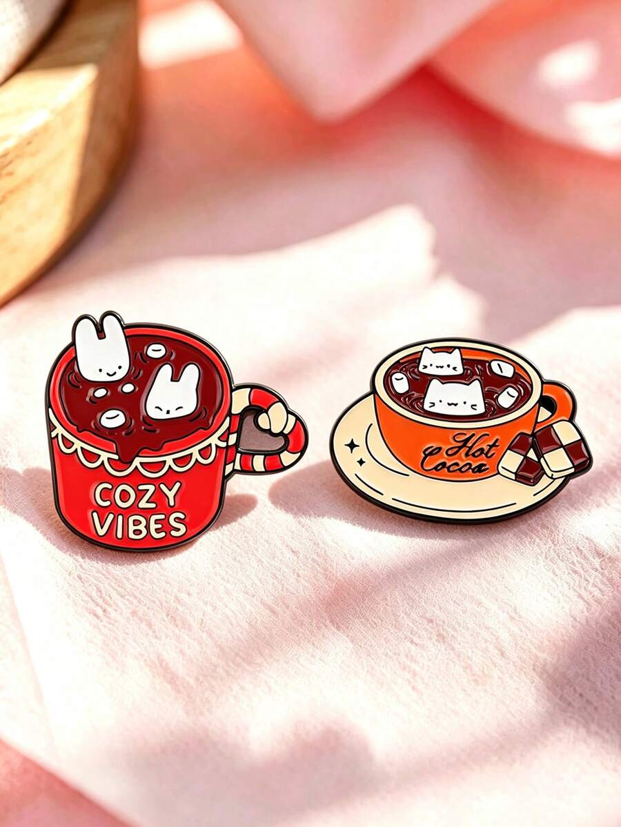 Warm Hot Cocoa Cup Brooch Cute Animal Marshmallow Pattern Backpack Jacket Decorative Pin - Multicolor - View 1