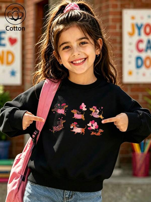 Cotton Girls Round Neck Pullover Hoodie, Casual Fall Winter Sweatshirt With Cartoon Dog Print, Cute Sweet Preppy Style For Girls