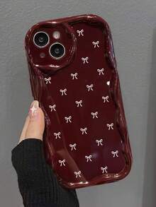 Bowknot Painted Flat Print Burgundy Cream Pattern Soft Shell Compatible With IP17/IP17PROMAX/IPhone16/IPhone16Pro/IPhone16ProMax/IPhone15/XR/7P8P/P12ProMax/P13ProMax/P14ProMax/P13/P14/P11/P12/P14 Women Soft Anti-Drop XS/S/XSMax/78GES2/Cute Fashion Thick Phone Case Protective Cover - Multicolor - View 6