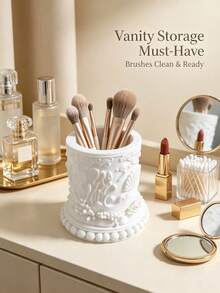 Retro Relief Makeup Brush Storage Tube, Multifunctional Desktop Storage Box, , Desktop Decoration, White Ocean Carved Makeup Brush Tube, Multifunctional Desktop Dressing Table Storage, Bedroom Bathroom Desktop Home Decoration Storage Tube - Multicolor - View 2