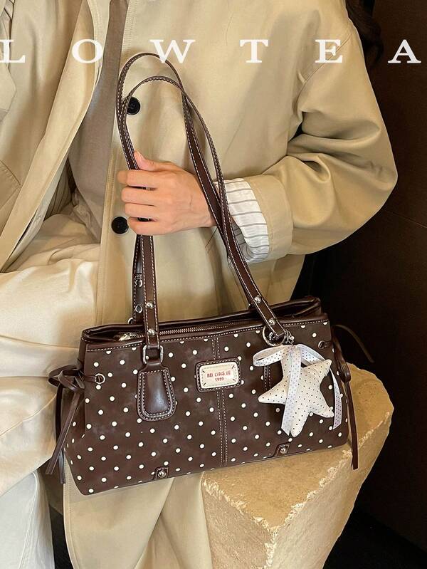 low tea 1pc Polka Dot PU Fabric Shoulder Bag Suitable For Commuting, Shopping And More (With Pendant)