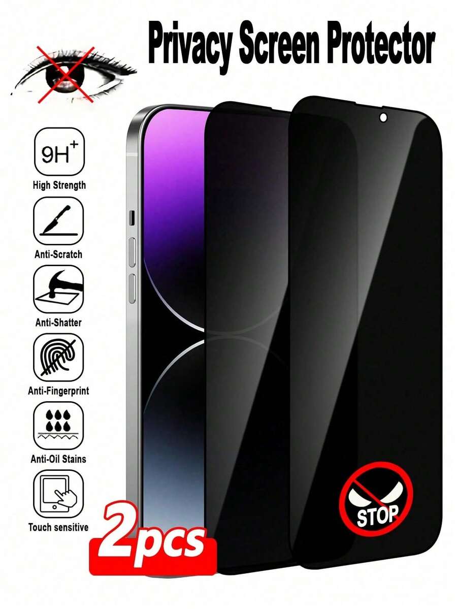 2pcs Privacy Anti-Peeping Tempered Glass Screen Protector, Privacy Protection, Phone Tempered Glass Film, Full Screen Coverage, Anti-Fall Anti-Scratch, Easy Installation, Compatible With IPhone 18ProMax/17 Pro Max/17 Air/16E/16 Pro Max/16 Pro/16 Plus/16/15 Pro Max/14 Pro Max/13 Mini/12/11/XS Max/XR/8+/7 Plus Series