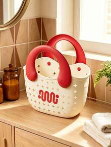 1pcModern Simple Plastic Shower Caddy, Curved Bucket Shape With Dual Handles, Hollow Perforated Design And Contrast Letter Print, Portable Bath Storage Basket For Toiletries, Suitable For Bathroom, Dormitory And Swimming Pool - Multicolor - View 16