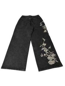 1件韓系街頭風女款刺繡寬腿牛仔褲，Y2K秋季休閒黑色 - 黑色 - 查看 11