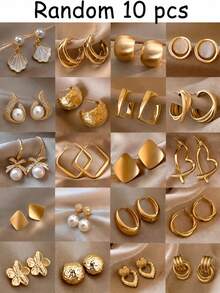 10pcs Old Money Style Metal Vintage Earrings For Women, Niche Stud Earrings With Premium Feel, Daily Outfit Accessories (Random Styles) - Yellow Gold - View 1
