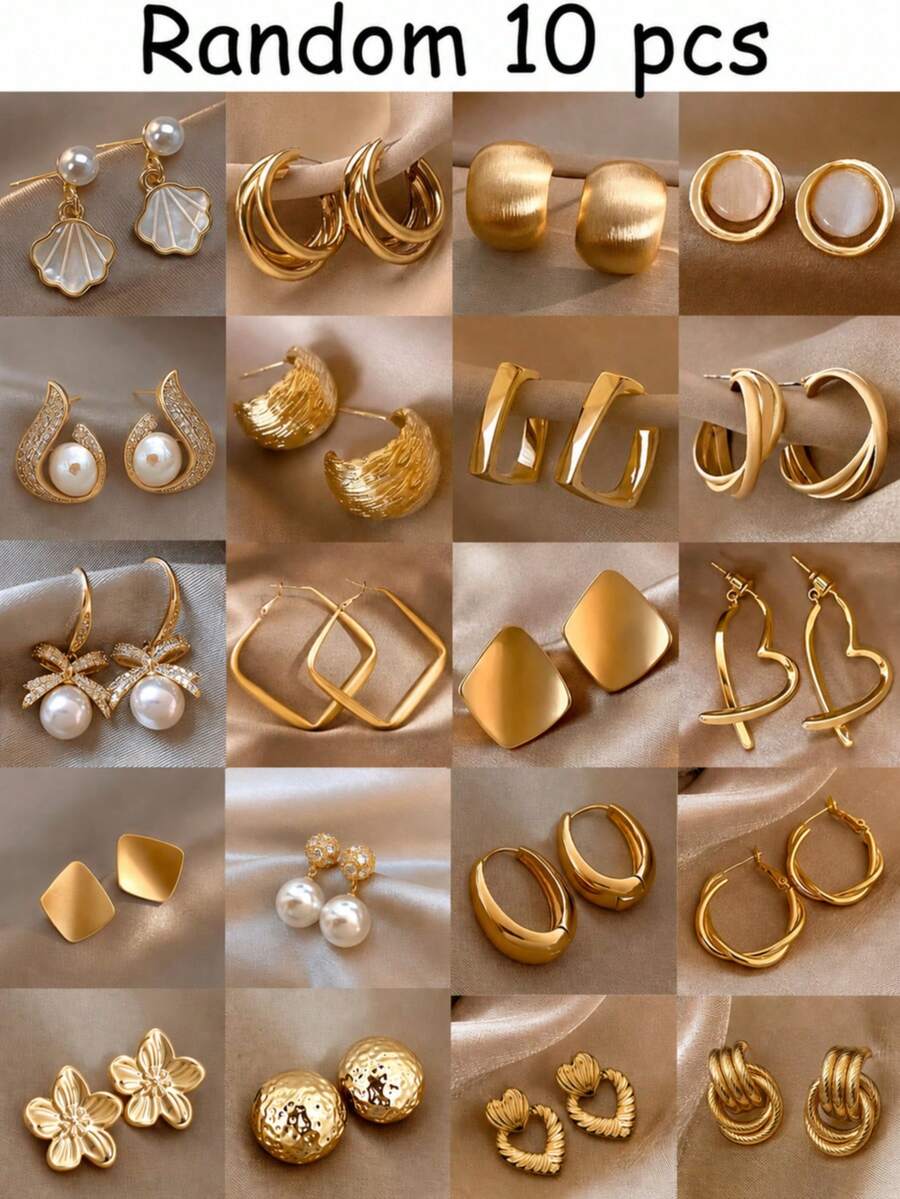 10pcs Old Money Style Metal Vintage Earrings For Women, Niche Stud Earrings With Premium Feel, Daily Outfit Accessories (Random Styles) - Yellow Gold - View 1
