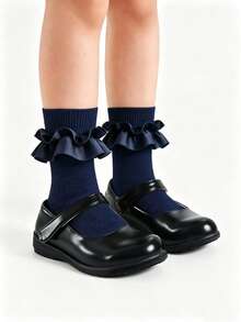 6/1 Pair Girls Ribbon Lace Ruffle Mid-Calf Socks, Soft Comfortable Princess Style, Suitable For School Uniform Daily Wear, Navy Blue White Black, Autumn/Winter - Multicolor - View 6