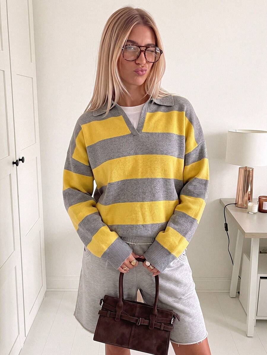 Suéter de punto para mujer, top de manga larga con cuello polo a rayas estilo preppy vintage, atuendo de otoño, ropa casual de calle, moda de oficina. Otoño