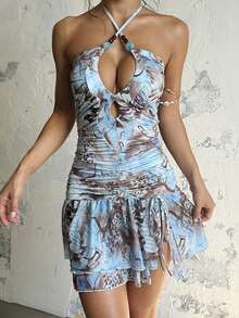 Autumn Fashion Sexy Ruffle Spaghetti Strap Strap Dress For Party And Date - Blue - View 4