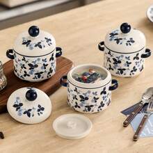 1 cái nồi hầm gốm 400ml có nắp và tay cầm đôi, cốc hấp hoa xanh phong cách vintage, cốc súp cá nhân thanh lịch cho nhà bếp và phục vụ tại gia - Xem 4