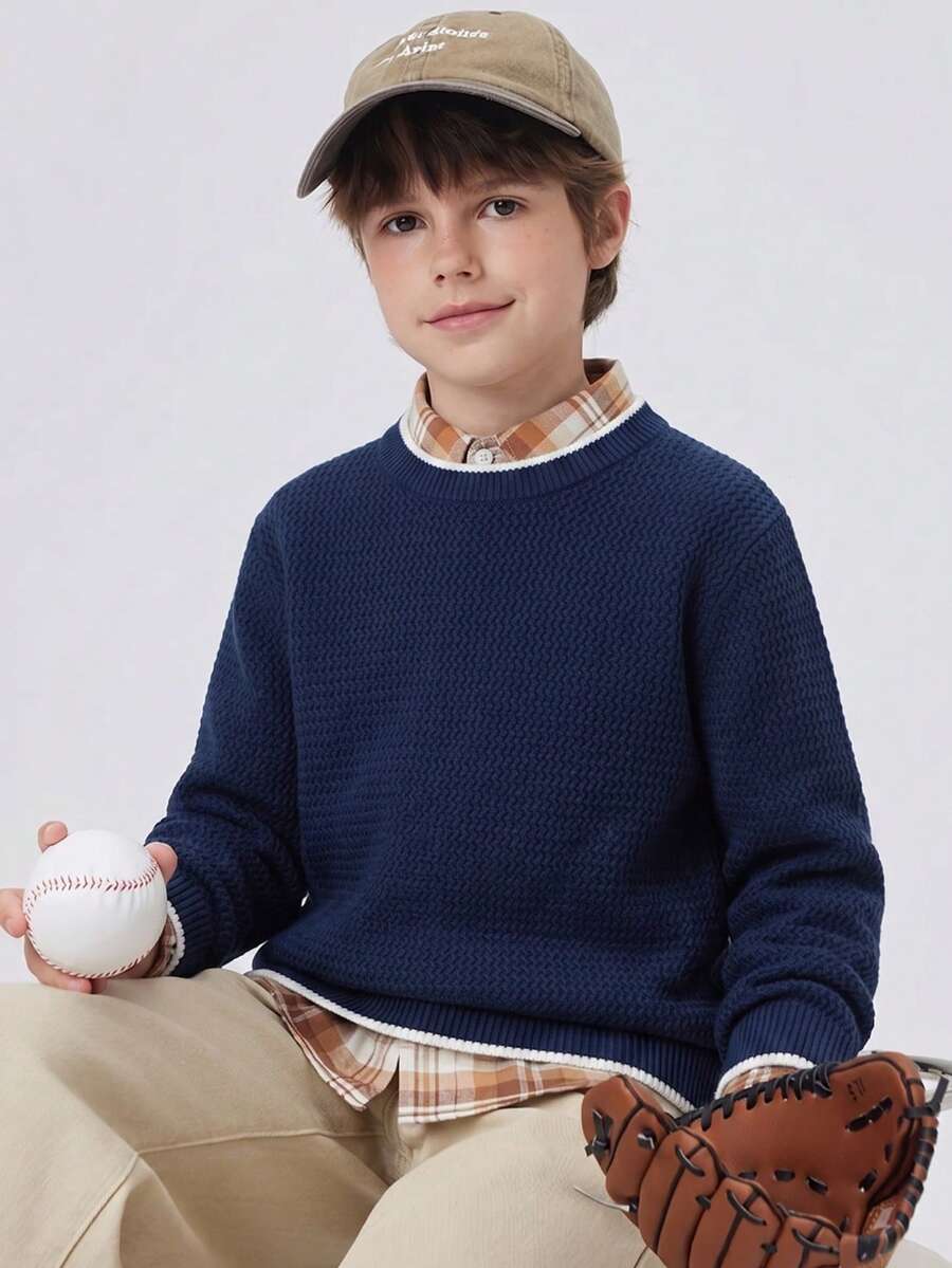 Boys' Round Neck Long Sleeve Knitted Sweater With Fine Ribbed Texture, Contrast Trim Design, Simple Casual Versatile Pullover, Suitable For School Daily Wear In Autumn/Winter - Navy Blue - View 1