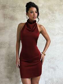 Women's Summer Red Satin Backless Halter High Neck Sexy Fashion Party Dress, Suitable For Dating, Party, Vacation - Burgundy - View 2