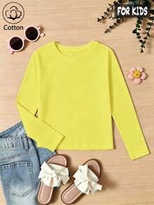 Autumn/Winter Ribbed Cotton Long Sleeve Top For Girls, Casual Sporty College Style - Bright Yellow - View 3