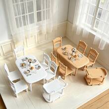 6pcs 1:12 Dollhouse Mini Model Scene Miniature Accessories Props Plastic Dining Cart Table Chairs Mini Micro Decor Home Decoration Fake Dining Table Dining Chairs Push Cart Set (White, Faux Wood Color) - 1 Table + 4 Chairs + 1 Trolley (6pcs) - View 7