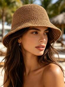 1pc Women's Solid Color Handmade Straw Hat, Beach Sun Protection Straw Hat, Suitable For Daily, Vacation, Beach, Bohemian - Multicolor - View 4