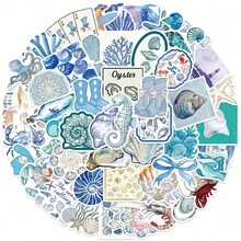 50pcs Ocean Aesthetic Stickers, Marine Life Doodle Labels, Beach Vacation Stickers, Blue Aesthetic Decor, Waterproof Vinyl Stickers For Water Bottles, Computers, Laptops, Phones, Luggage, Notebooks, Refrigerators - Multicolor - View 7