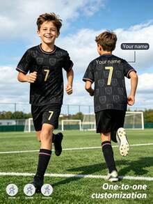 2pcs/Set Personalized Full Print Football Team Uniform, Customized Name And #7 Sports Player Set, Short Sleeve Top And Shorts, Suitable For Children Training - Black - View 5