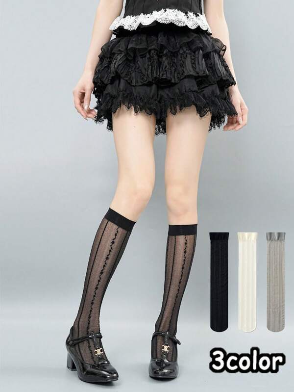 1/2/3 Pairs Women's Lace Vertical Stripe Calf Socks, Vintage Knee-High Socks, Suitable For Daily Wear