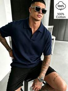 WAIT HIM Men's Casual Solid Color Turn-Down Collar Short Sleeve Knit Top - Navy Blue - View 1