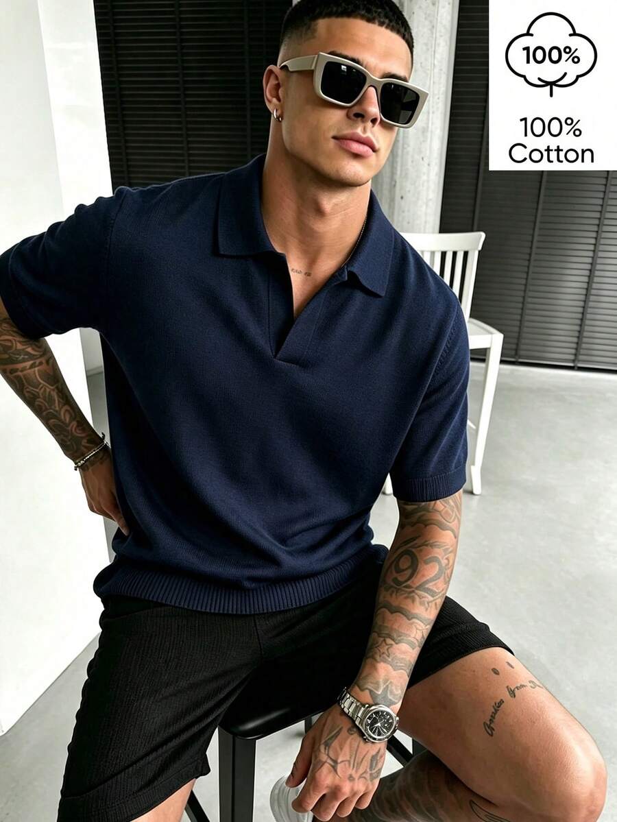 WAIT HIM Men's Casual Solid Color Turn-Down Collar Short Sleeve Knit Top - Navy Blue - View 1