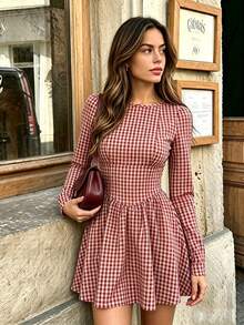 Vintage Style Backless Bow Plaid Dress - Red - View 1
