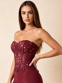 Lilivine Red Lace Floral Hollow-Out Crop Cami Top, Ideal For Daily Wear - Burgundy - View 4