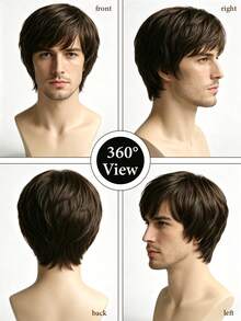 Men Short Layered Wig With Side Fringe, Trimmable Natural Synthetic Heat Resistant Hair Wig, Breathable Wig Cap For Daily Wear & Costume - Multicolor - View 7