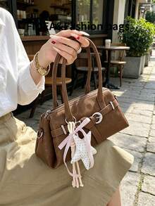 Tas Bahu Wanita, Warna Polos PU dengan Desain Elemen Motif Leopard, Dekorasi Tali Logam, Elegan dan Serbaguna, Dilengkapi dengan Gantungan Bintang yang Dipersonalisasi, Cocok untuk Bepergian, Berbelanja, Kencan, Pemberian Hadiah, dan Lainnya - Coklat - View 7