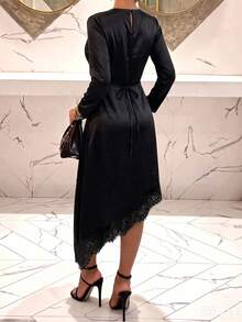 Elegant Black Round Neck Long Sleeve Slim Fit Mid-Length Dress With Asymmetrical Contrast Color Lace Hem - Black - View 4