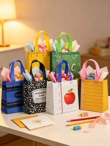 12/6/1pc Party Gift Bags, Non-Woven Fabric Material, School Theme Tote Bags, Stationery Pattern Tote Bags, Printed Gift Bags, Non-Woven Fabric Gift Bags, Foldable Shopping Bags, Suitable For Celebrations And Birthday Parties, Back To School Gifts, Club Shopping Bags, Theme Party Packaging Supplies, Party Packaging Supplies, Student Classmate Teacher Gifts - Foldable Shopping Bags And Party Bags, Waterproof, With Handles, Reinforced Bottom - Back-to-school Bags - View 2