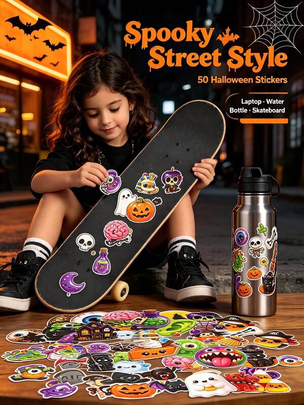50pcs Cute Halloween Cartoon Stickers, Pre-Cut Individual Pieces With Adhesive Backing, Peel And Stick, Suitable For Luggage, Water Bottle, Skateboard, Planner Decoration, Funny And Quirky Patterns, Back To School Stationery DIY, Halloween Party Decor, Christmas Gift Decoration, Handmade Decorative Stickers For Children And Teenagers Aged 3 And Above