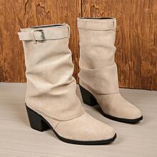 Western Vintage Style 2-Way Wear Ruched Mid-Calf Women's Boots, Suede Chunky High Heel Buckle Boots, Suitable For Street, Commute And Daily Wear - Beige - View 5